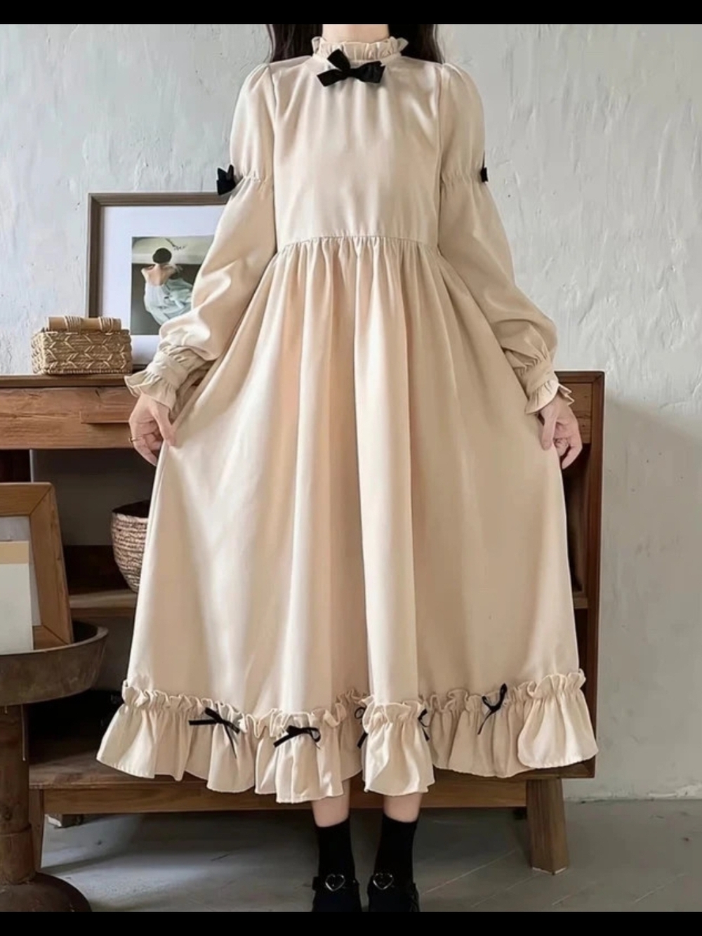 Japanese women lolita sweet cute bow long sleeved loose dress autumn winter